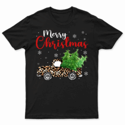 Buffalo Plaid Christmas Tree Red Truck With Leopard Print T Shirt