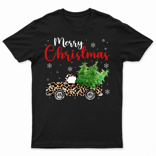 Buffalo Plaid Christmas Tree Red Truck With Leopard Print T Shirt