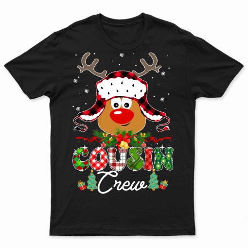 Christmas Cousin Crew Reindeer Santa Hat Lights Kids Teen Tee