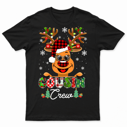 Christmas Cousin Crew Reindeer Santa Hat Lights Kids Teens Teee