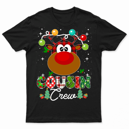Christmas Cousin Crew Reindeer Santa Hat Lights Kids Teens Tshirt