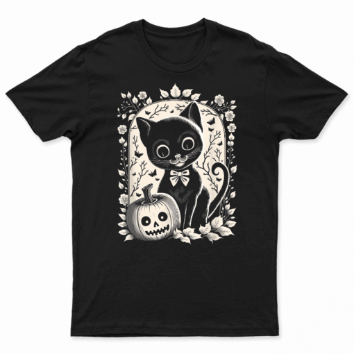 Cute Retro Halloween Cat And Pumpkin Jack O' Lantern T Shirt