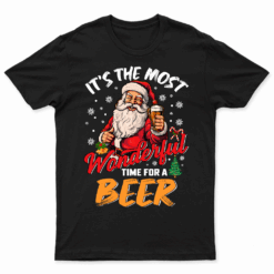 Funny Christmas Santa Claus Drinking Beer Wonderful Time T Shirt