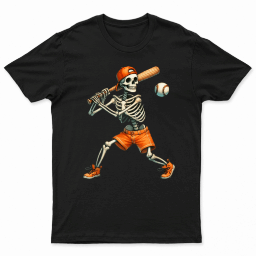 Funny Skeleton Batting Baseball Halloween Boys Men Kids T Shirt