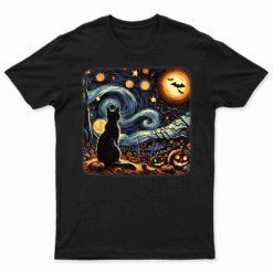 Halloween Van Gogh Starry Night Black Cat Pumpkins Bats T Shirt