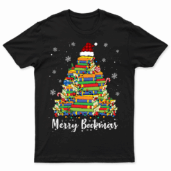 Merry Bookmas Books Christmas Tree Book Lover Santa Hat Xmas T Shirt