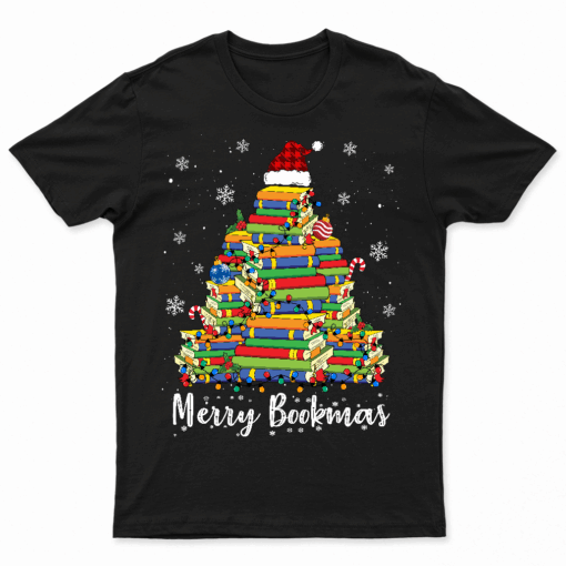 Merry Bookmas Books Christmas Tree Book Lover Santa Hat Xmas T Shirt
