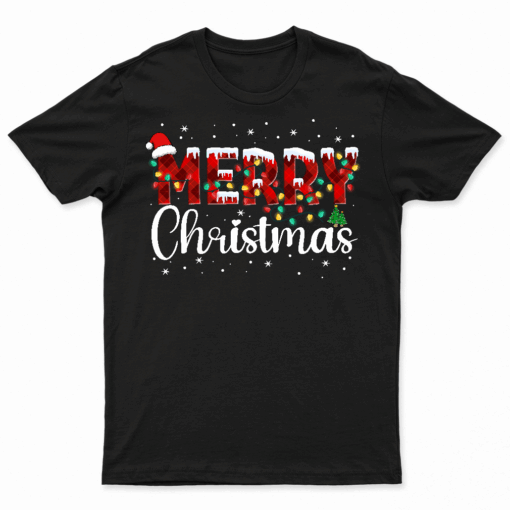 Merry Christmas Buffalo Plaid Red Santa Hat Xmas Pajamas T Shirt