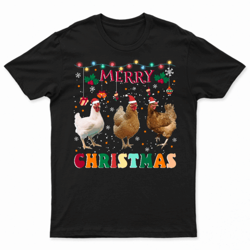 Merry Christmas Chicken Shirt Santa Hat Lights Xmas Funny T Shirt