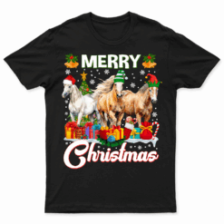 Merry Christmas Horse Lover Light Reindeer Santa Hat Snow T Shirt