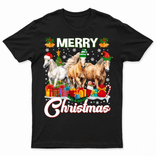Merry Christmas Horse Lover Light Reindeer Santa Hat Snow T Shirt