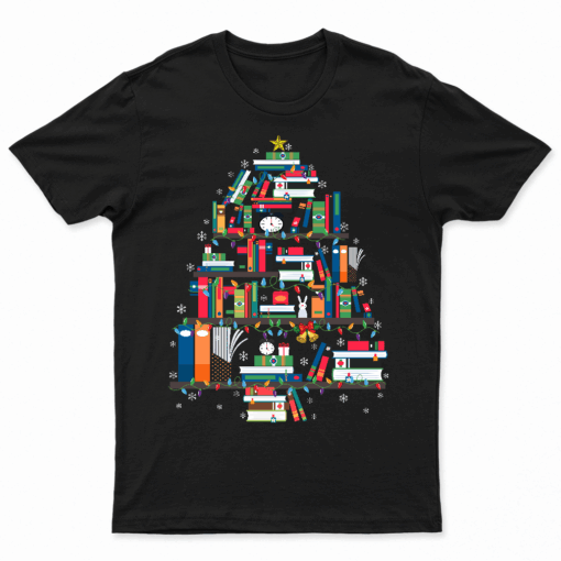 Merry Christmas Tree Reading Books Lover Librarian Nerd T Shirt