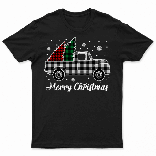 Merry Christmas Truck Tree White Buffalo Plaid Xmas Pajamas T Shirt