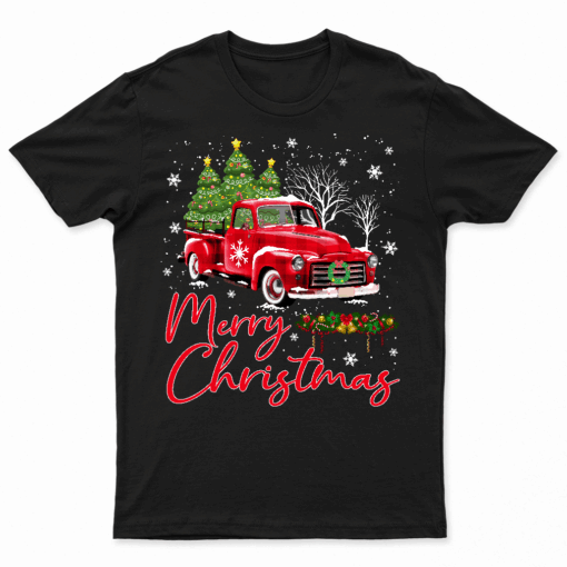 Merry Christmas Vintage Wagon Red Truck Pajama Family Party T Shirt