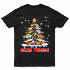 Merry Fishmas Funny Fishing Christmas Tree Lights T Shirt