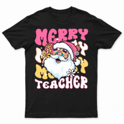 Merry Teacher Christmas Retro Wavy Pink Teacher T Shirt