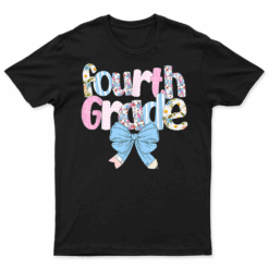 Preppy Fourth Grade Teacher Blue Floral Coquette Pencil Bow T Shirt