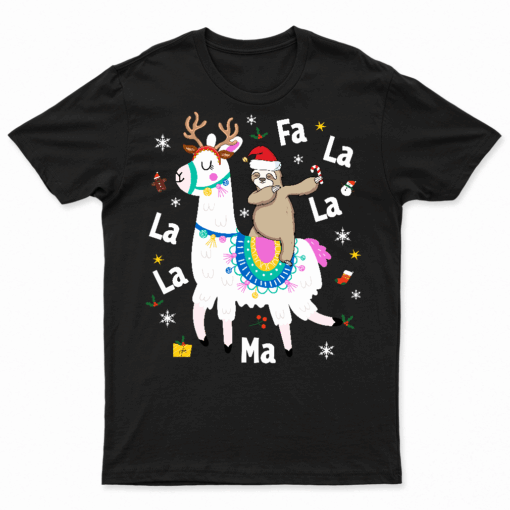 Santa Sloth Riding Llama Reindeer Christmas T Shirt