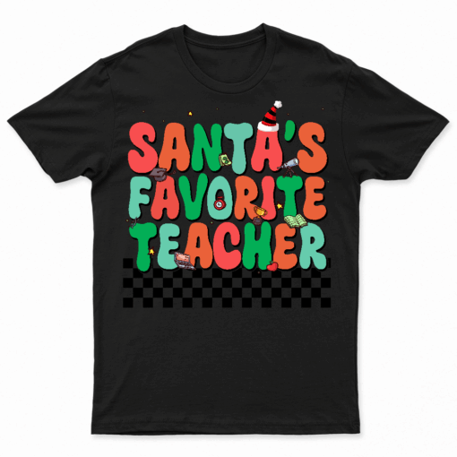 Santas Favorite Teacher Retro Groovy Christmas Xmas Women T Shirt