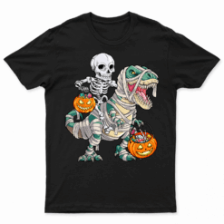 Skeleton Riding Mummy Dinosaur T Rex Halloween Funny Pumpkin T Shirt