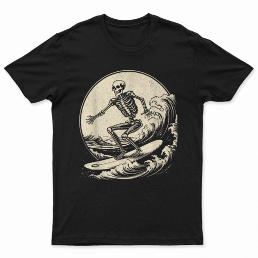 Skeleton Surfer Vintage Big Wave Surfing Funny Halloween T Shirt