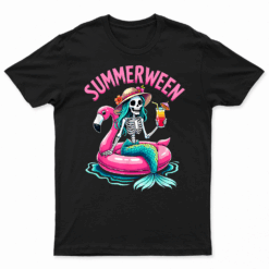 Summerween Mermaid Skeleton Beach Flamingo Halloween Girl T Shirt