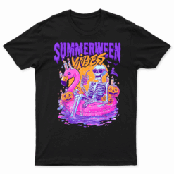Summerween Vibes Spooky Skeleton Flamingo Pool Halloween T Shirt