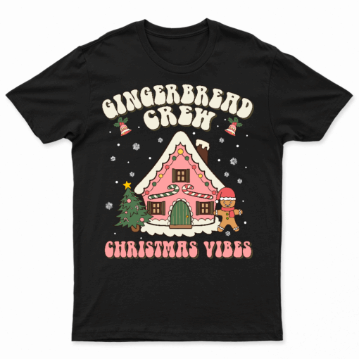 Vintage Groovy Christmas Pink Gingerbread House Baking Crew T Shirt