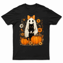 Vintage Halloween Ghost Holding Black Cat Groovy Floral T Shirt