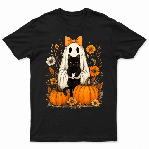 Vintage Halloween Ghost Holding Black Cat Groovy Floral T Shirt